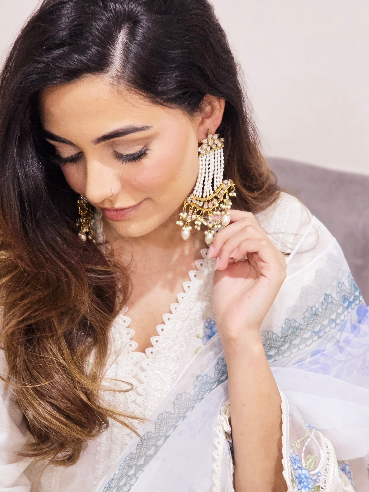 N.554 Kundan & Pearl Chandbaalis on antique polish Mughal Inspired