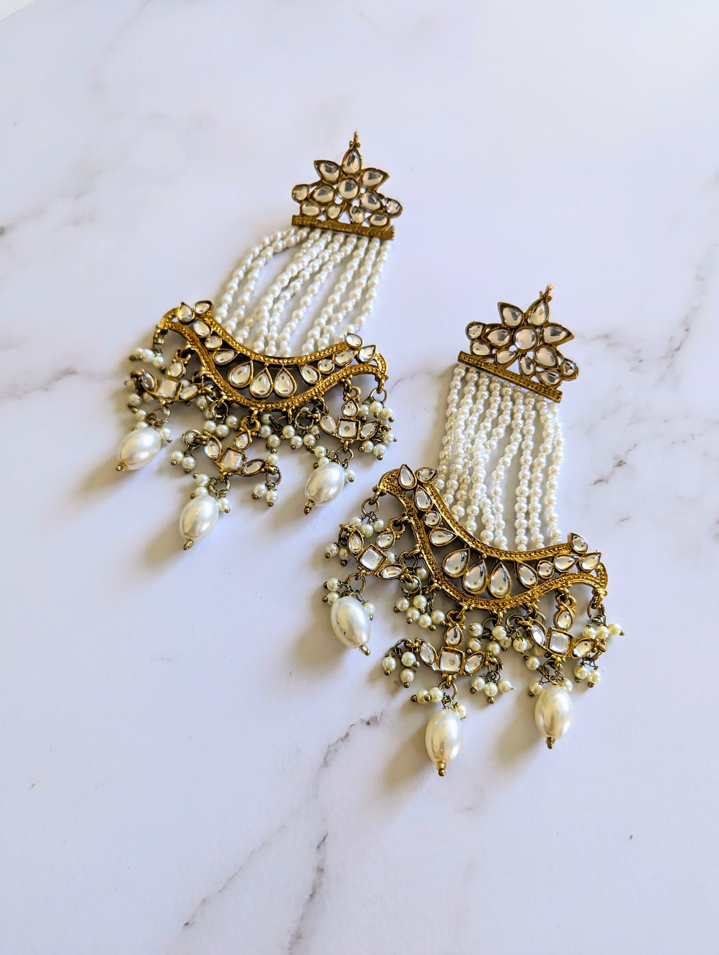 N.554 Kundan & Pearl Chandbaalis on antique polish Mughal Inspired