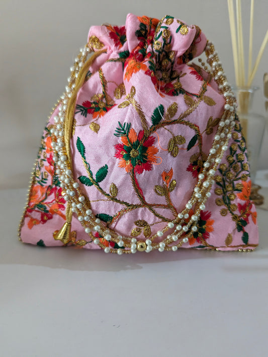 Embroidered Potli Bag -Pink