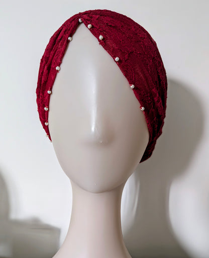 Pearl Lace Side Parting Hijab Cap- RED