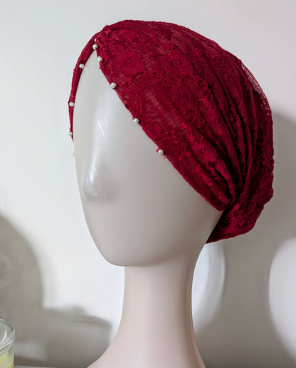 Pearl Lace Side Parting Hijab Cap- RED