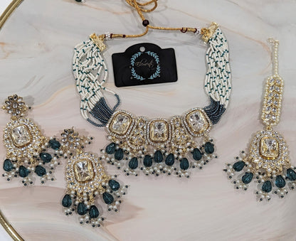 Gold Polished Mosonite with MIcro AD and Pearl Choker Set