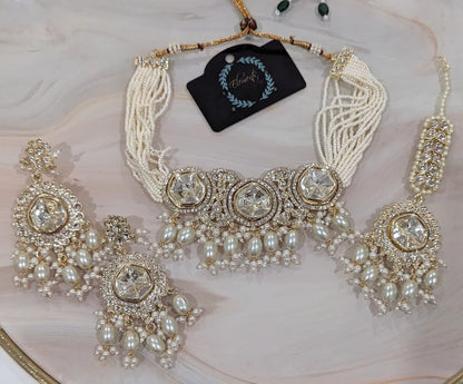 Gold Polished Mosonite with MIcro AD and Pearl Choker Set